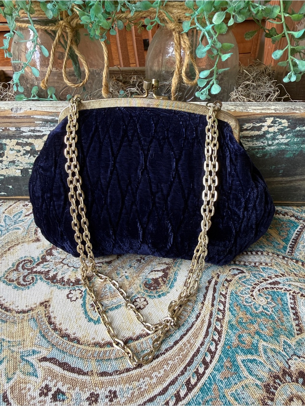 Hong Kong Evening Bag Crushed Velvet Vintage Blue Gold Chain Clutch Purse